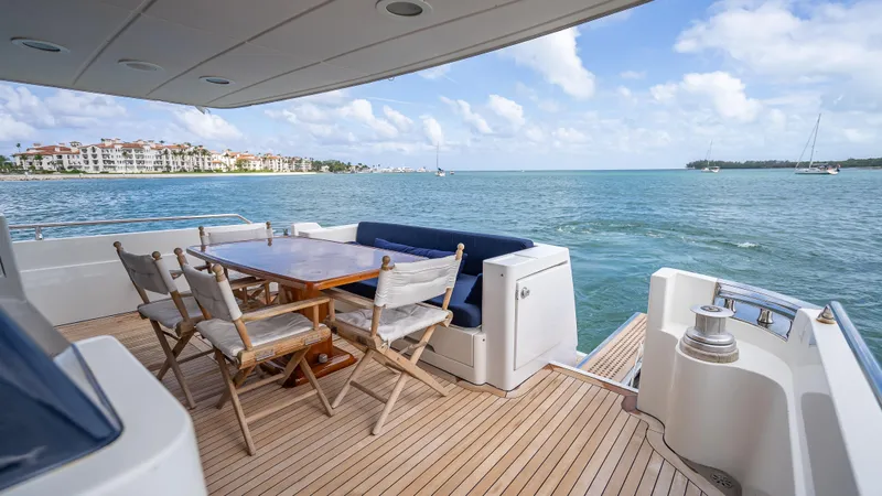 Slide: The Image of Luxury Sanlorenzo 62 yacht deck with dining area, overlooking serene ocean view, 1995 model. - 47