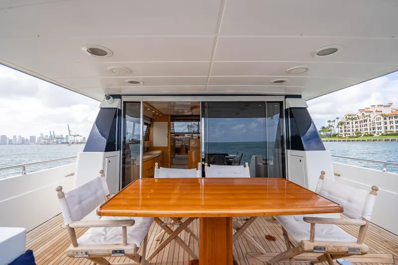 Slide: The Image of Outdoor dining area on a 1995 Sanlorenzo 62 yacht with ocean view. - 49