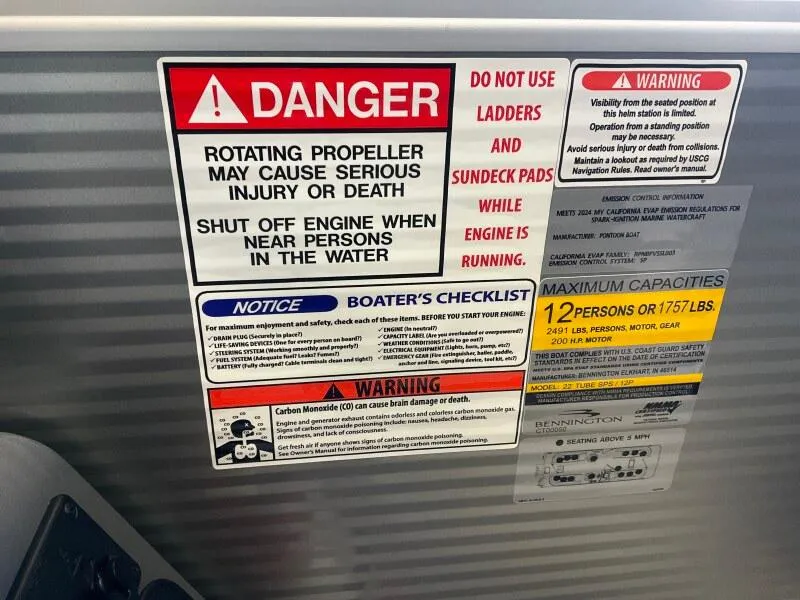 Slide: The Image of Safety warnings and capacity limits on a 2025 Bennington 23SSR-SPS boat. - 9
