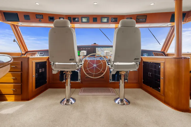 Slide: The Image of Pilothouse interior of 2006 Fleming 75 yacht with dual captain chairs and navigation equipment. - 16