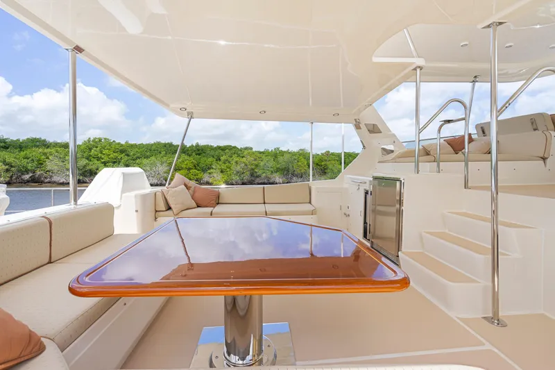 Slide: The Image of Luxurious 2006 Fleming 75 yacht deck with seating, table, and scenic water view. - 44