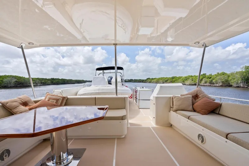 Slide: The Image of Luxurious 2006 Fleming 75 yacht deck with comfortable seating and scenic waterway view. - 45