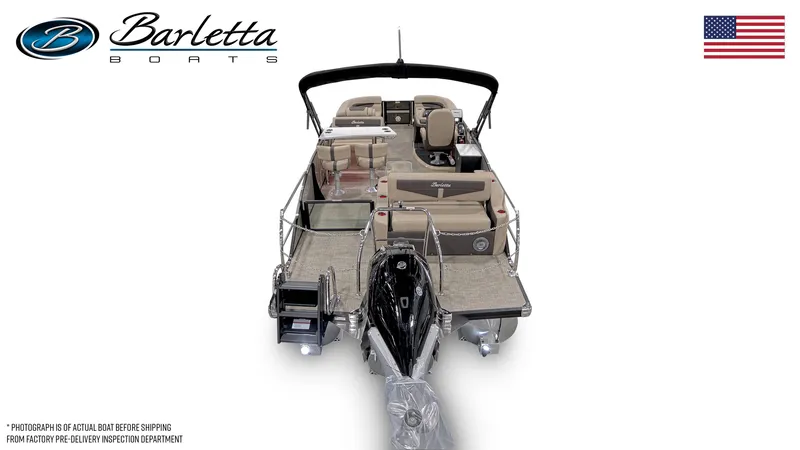 Slide: The Image of 2025 Barletta C24UE pontoon boat, top view, showcasing spacious seating and modern design. - 13