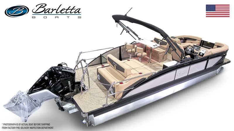 Slide: The Image of 2025 Barletta C24UE pontoon boat with luxurious seating and sleek design. - 14