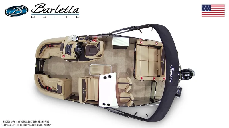 Slide: The Image of 2025 Barletta C24UE pontoon boat, top view, showcasing spacious seating and modern design. - 15