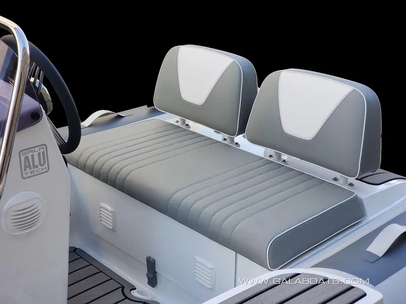 Slide: The Image of Gala V360 boat seating, 2026 model, featuring gray and white cushioned seats. - 3