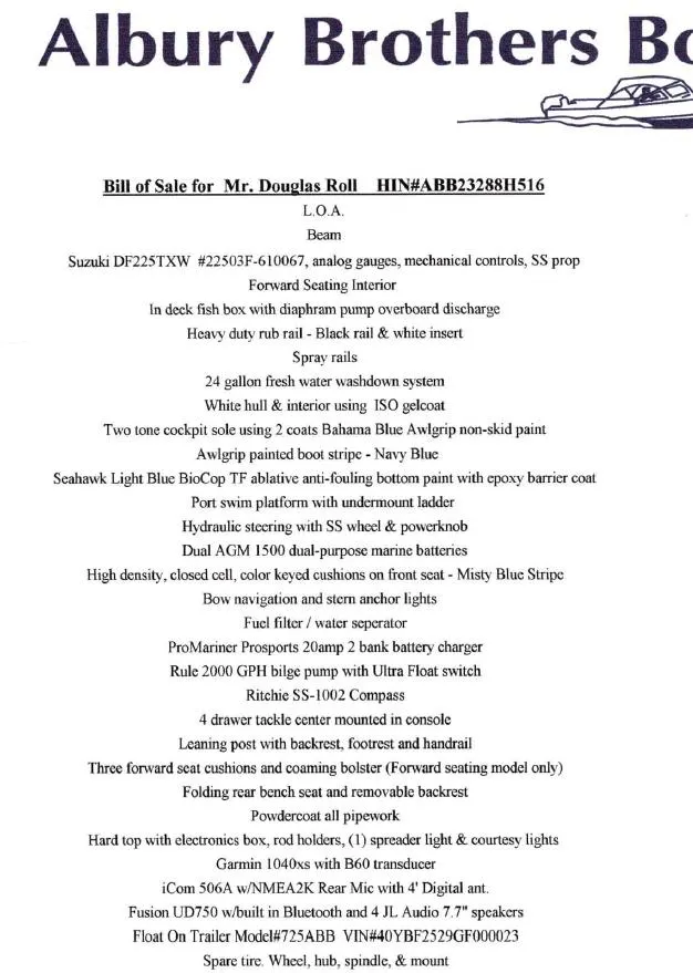 Slide: The Image of Bill of sale for Albury Brothers 23 boat, 2016 model, detailed specifications listed. - 5