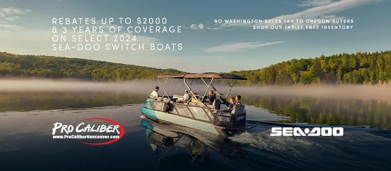 Slide: The Image of 2024 Sea-Doo Switch Sport 18 on serene lake, promotional offer for rebates and coverage. - 2
