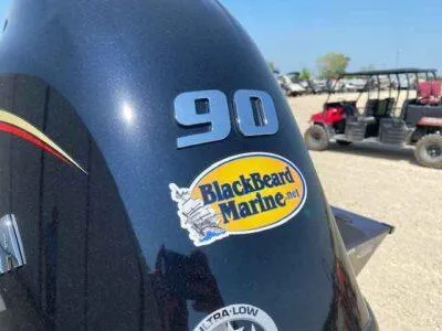 Slide: The Image of Outboard motor with BlackBeard Marine sticker on G3 Sportsman 1710, 2025 model. - 5