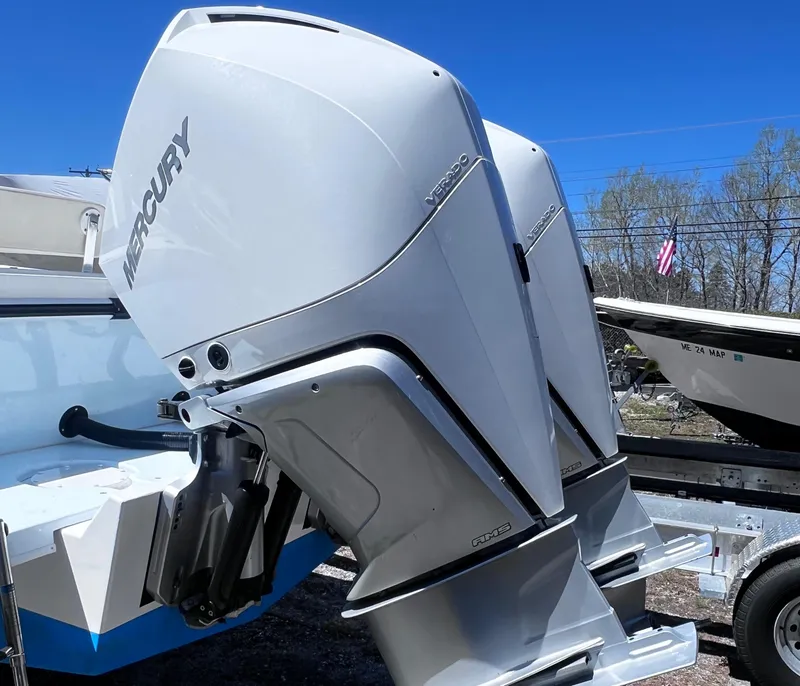 Slide: The Image of Twin Mercury outboard engines on a 2022 Steiger Craft 31 Chesapeake boat. - 31