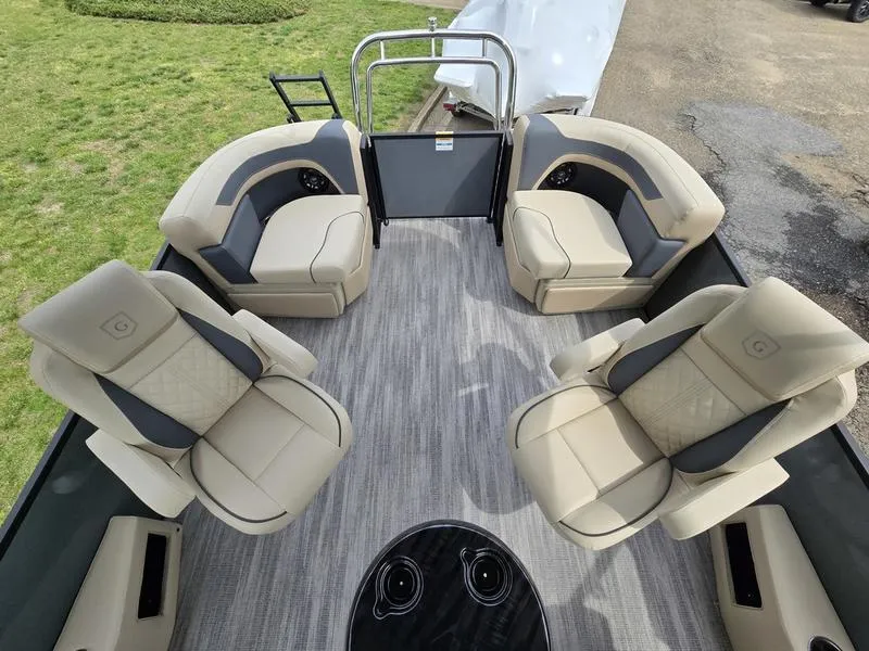 Slide: The Image of Luxurious seating on 2025 Godfrey Sweetwater 2286 QS pontoon boat, featuring modern design and comfort. - 10
