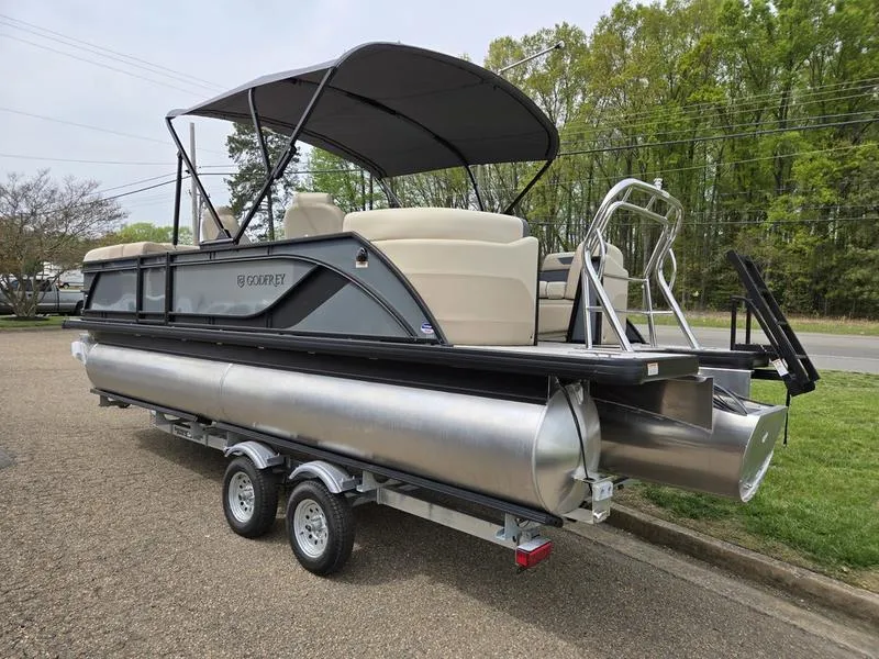 Slide: The Image of 2025 Godfrey Sweetwater 2286 QS pontoon boat on trailer, featuring iMPACT Center Tube Package. - 12