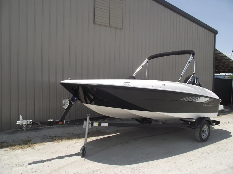 Slide: The Image of 2025 Bayliner Element E16 boat on trailer. - 1