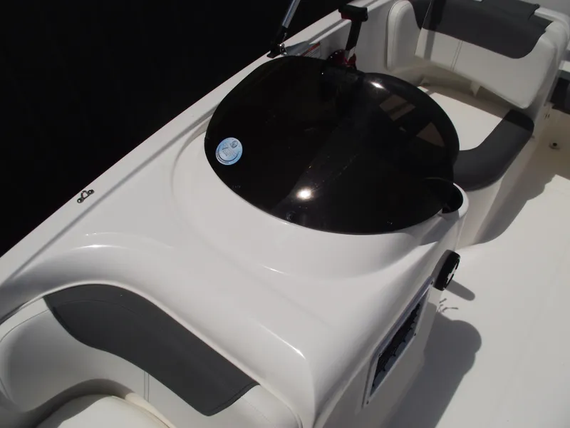 Slide: The Image of 2025 Bayliner Element E16 boat interior with sleek seating and modern dashboard design. - 15