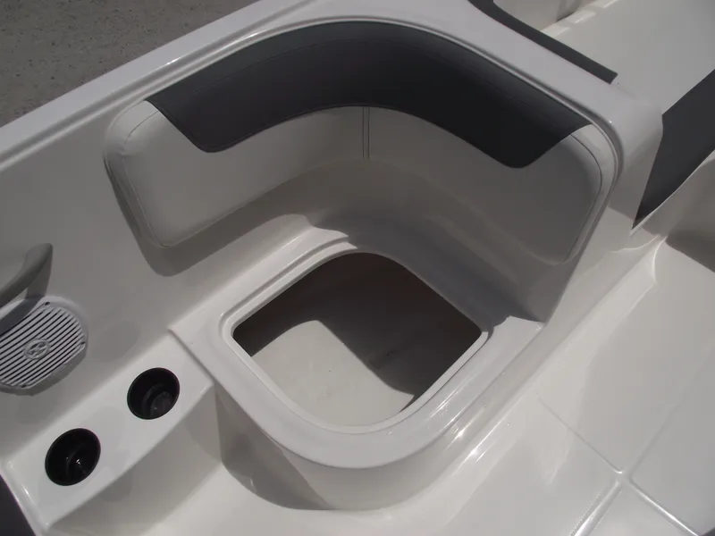 Slide: The Image of 2025 Bayliner Element E16 boat seating area with storage compartment. - 22