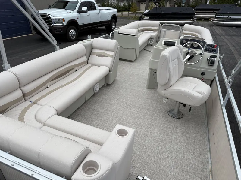Slide: The Image of 1996 Premier Grand Majestic pontoon boat with spacious seating and modern dashboard. - 8