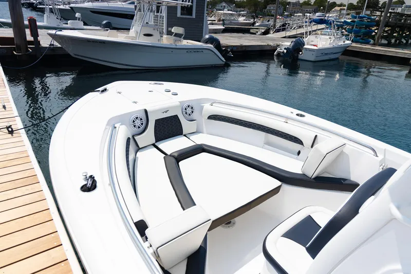 Slide: The Image of 2025 Tidewater 230 LXF boat docked, featuring spacious seating and modern design. - 23