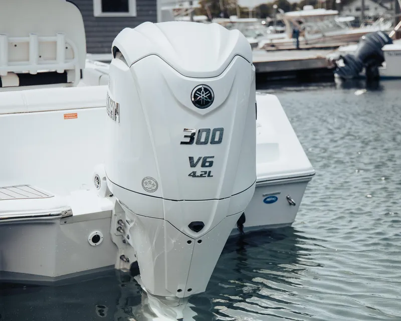 Slide: The Image of 2025 Tidewater 230 LXF with Yamaha 300 V6 outboard engine in marina. - 6