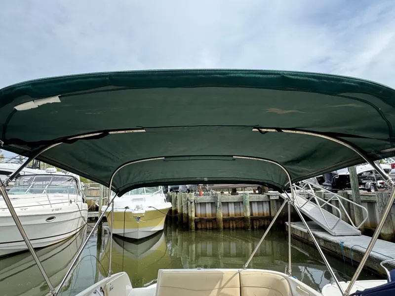 Slide: The Image of 2001 Sea Ray 240 Sundeck with green canopy, docked at marina. - 20