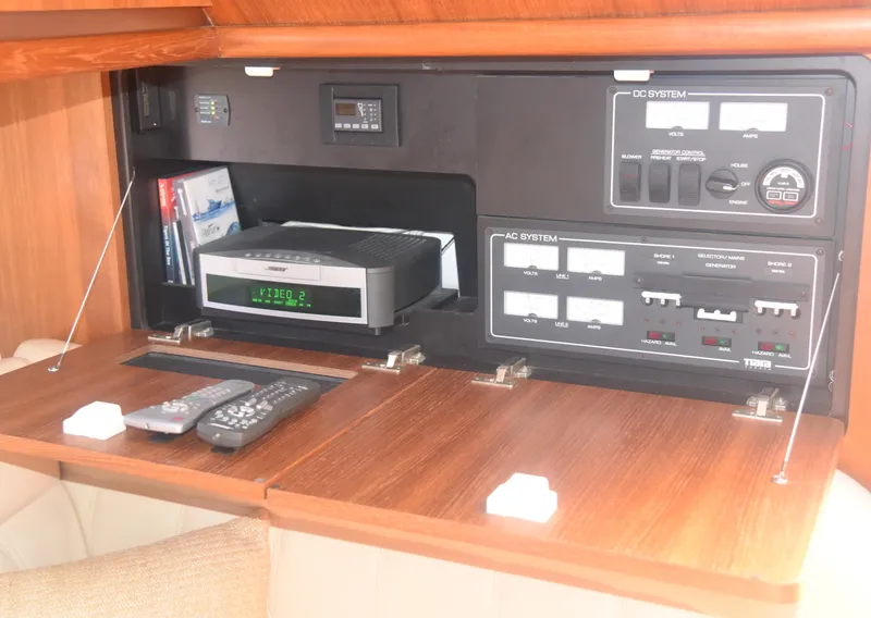 Slide: The Image of Control panel of a 2006 Tiara Yachts 36 Open, featuring AC/DC systems and electronics. - 24