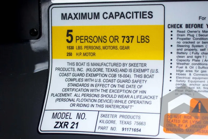Slide: The Image of 2025 Skeeter ZXR 21 capacity label: 5 persons or 737 lbs, 250 HP motor. - 49
