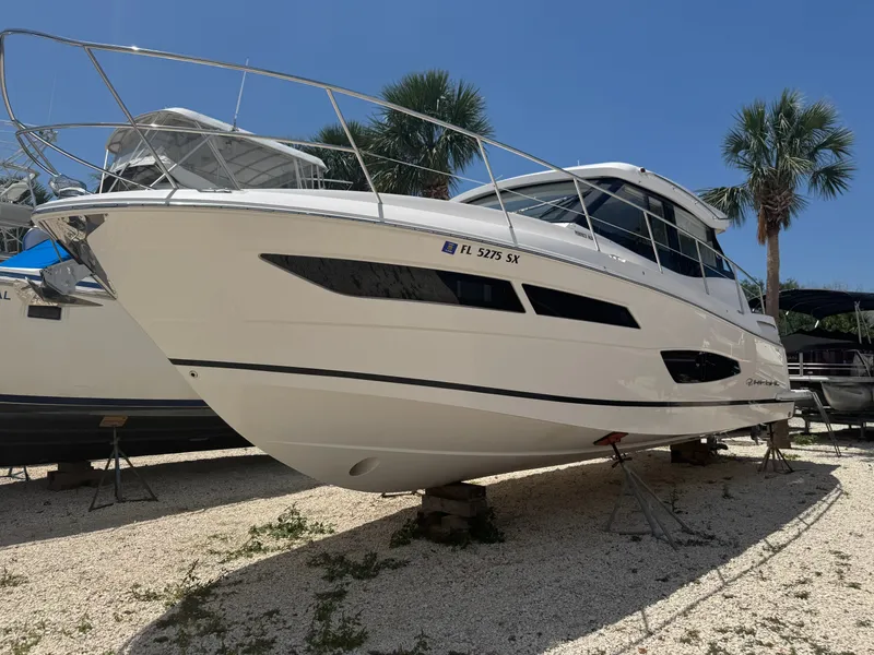 The Image of A Regal 38 XO boat is on a dry dock under palm trees. - 0