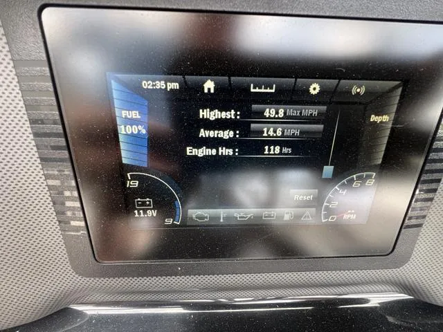 Slide: The Image of Dashboard display of a 2019 Yamaha Boats AR195 showing speed and engine hours. - 13