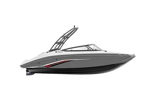 Slide: The Image of 2019 Yamaha AR195 boat, sleek design, side view, gray and black color scheme. - 2