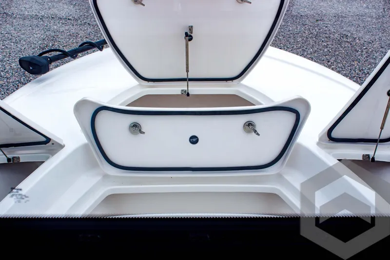 Slide: The Image of 2025 Tidewater 2410 Bay Max boat storage compartments open, showcasing interior space. - 19
