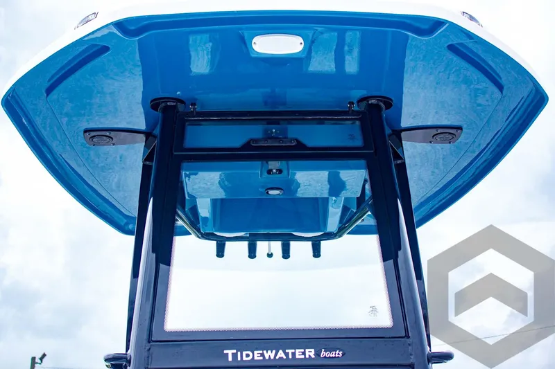 Slide: The Image of 2025 Tidewater 2410 Bay Max boat, blue T-top, viewed from below. - 25