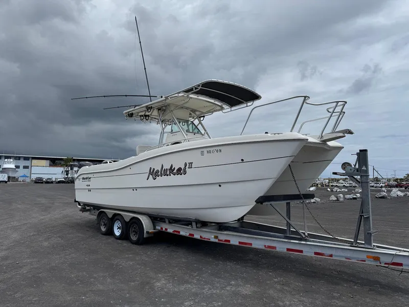 Slide: The Image of 2009 World Cat 270 TE boat on trailer under cloudy sky. - 13