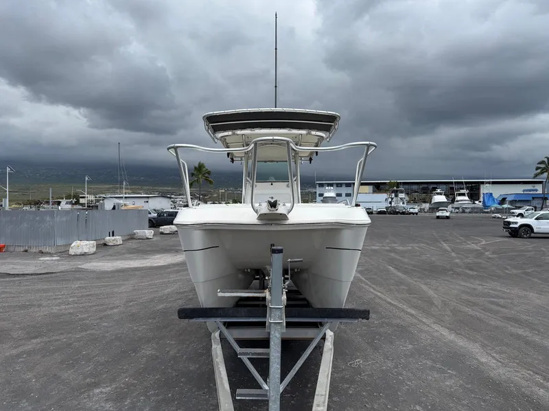 Slide: The Image of 2009 World Cat 270 TE boat on trailer under cloudy sky in marina. - 14
