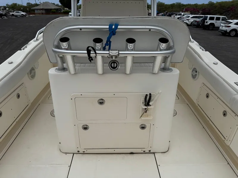 Slide: The Image of 2009 World Cat 270 TE boat deck with rod holders and storage compartments. - 21