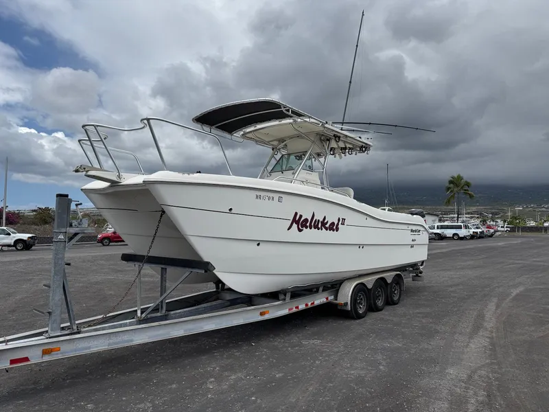 Slide: The Image of 2009 World Cat 270 TE boat on trailer under cloudy sky. - 7