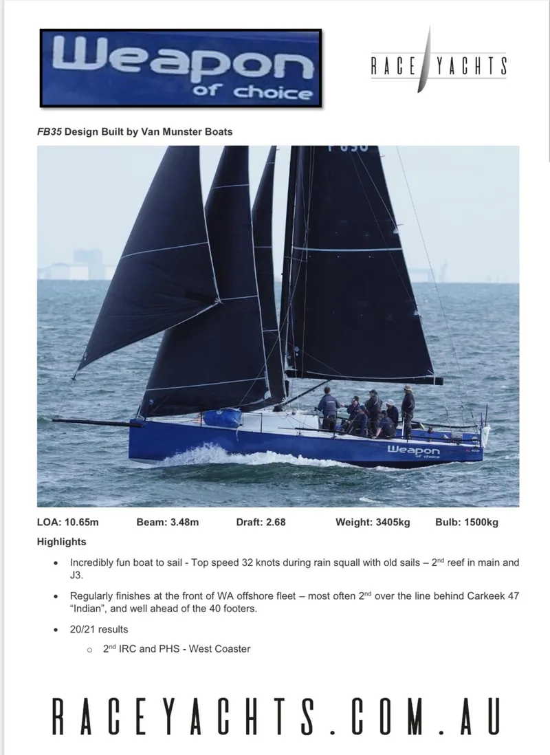 Slide: The Image of Sailing yacht "Weapon of Choice" by Van Munster Boats, 2016, racing on open water. - 23