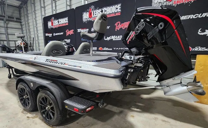 Slide: The Image of 2025 Triton 20XP Patriot boat with powerful engine in showroom setting. - 2
