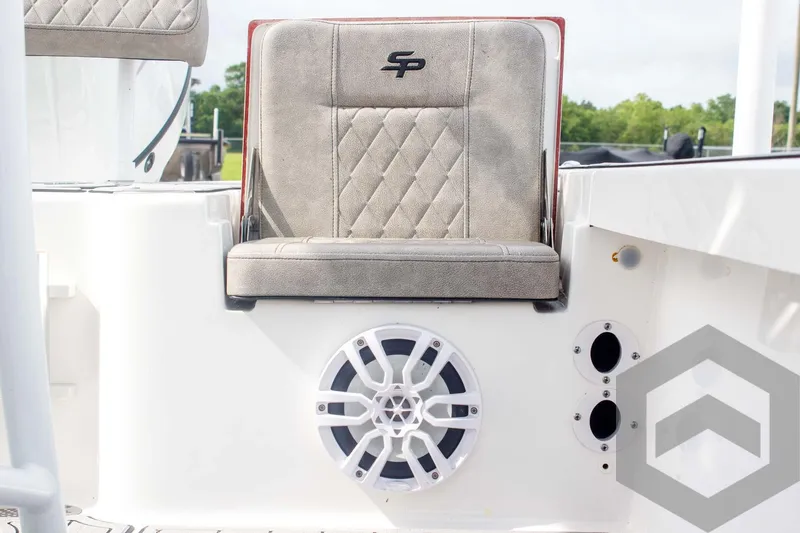 Slide: The Image of 2023 Sea Pro 208 Bay boat seat with speaker and logo detail. - 36