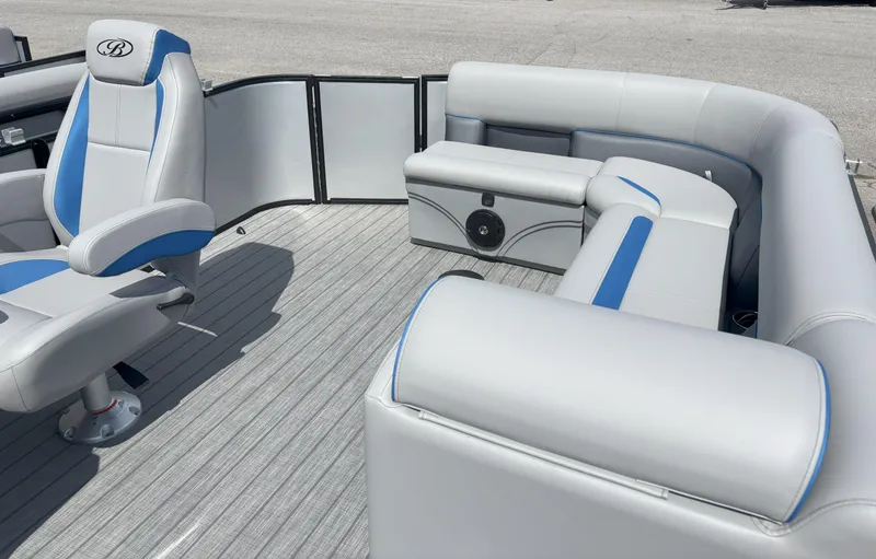 Slide: The Image of 2025 Bentley Pontoons Legacy 223 Cruise XL interior with luxurious seating and modern design. - 14