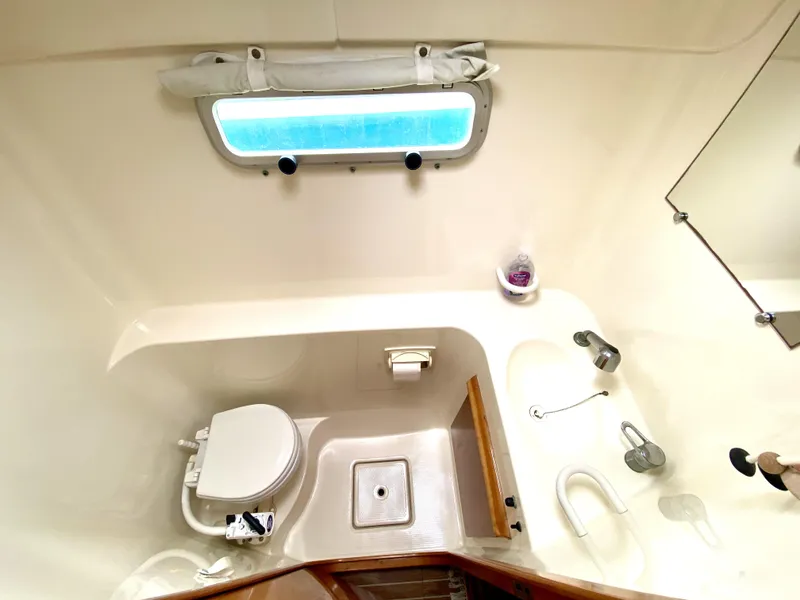 Slide: The Image of Bathroom interior of 2006 Privilege 435 yacht, featuring toilet and shower area. - 43