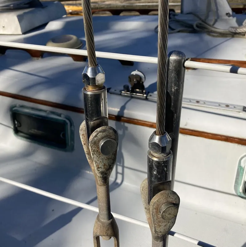 Slide: The Image of Close-up of 1983 Durbeck 38 sailboat rigging and deck details. - 11