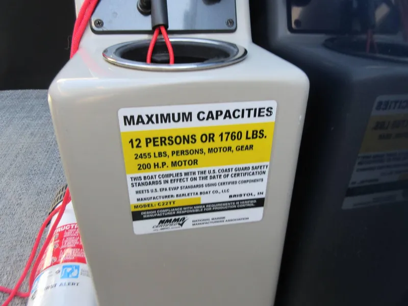 Slide: The Image of Barletta Cabrio 22UC 2022 capacity label: 12 persons, 1760 lbs, 200 HP motor. - 16