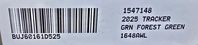 Slide: The Image of Barcode label for 2025 Tracker Grizzly 1648 Jon, forest green color. - 5