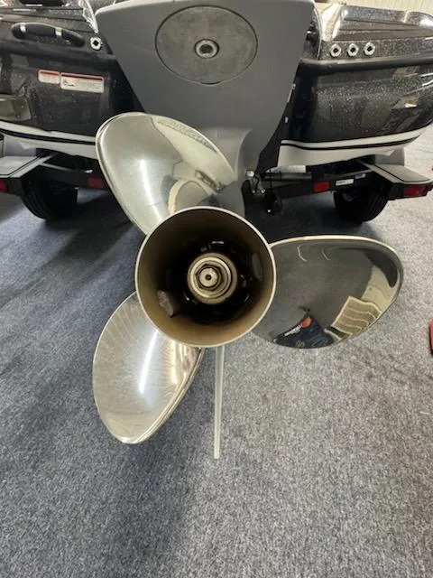 Slide: The Image of 2024 Nitro Z20 Pro boat propeller, close-up view, showcasing sleek design and metallic finish. - 4