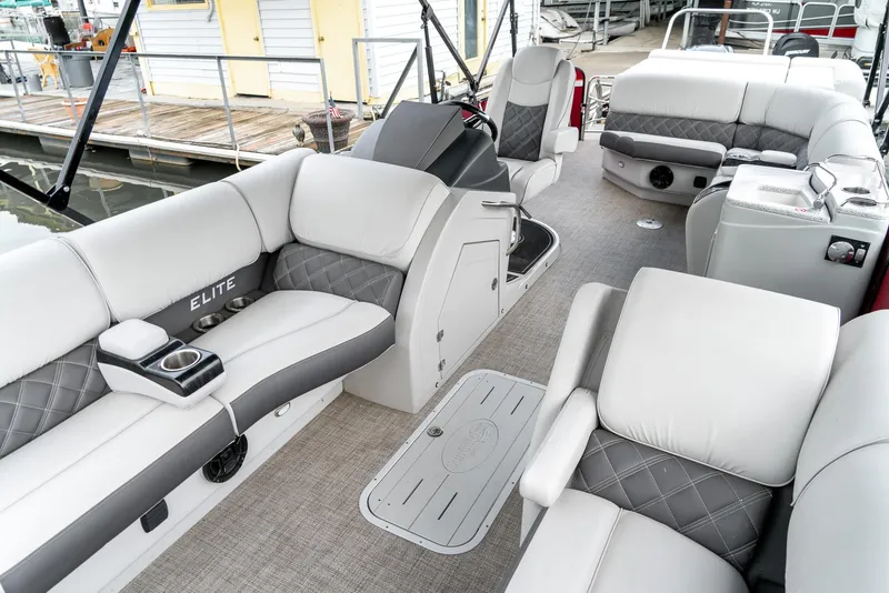 Slide: The Image of Luxurious interior of 2021 G3 SunCatcher Elite 326 Cruise pontoon boat with plush seating. - 20
