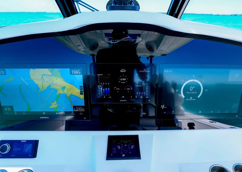 Slide: The Image of 2025 Blackwater 43 Sportfish dashboard with advanced navigation and control displays. - 17