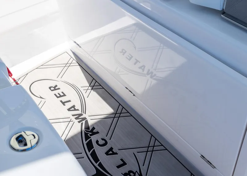 Slide: The Image of 2025 Blackwater 43 Sportfish boat deck with logo and sleek design. - 29