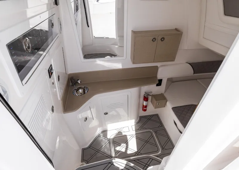 Slide: The Image of 2025 Blackwater 43 Sportfish cabin interior with modern amenities and sleek design. - 44