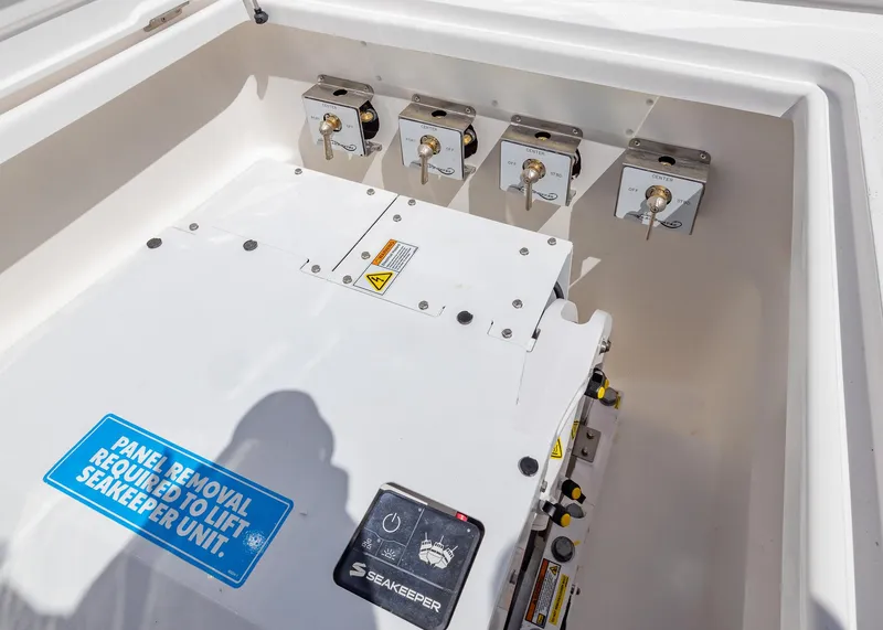 Slide: The Image of Seakeeper unit in 2025 Blackwater 43 Sportfish boat, featuring control panel and secure mounts. - 7