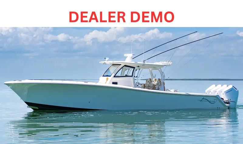 Slide: The Image of 2024 Blackwater 43 Sportfish boat on calm water, labeled "Dealer Demo." - 0