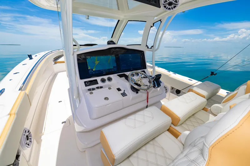Slide: The Image of 2024 Blackwater 43 Sportfish boat interior with modern helm and luxurious seating. - 23